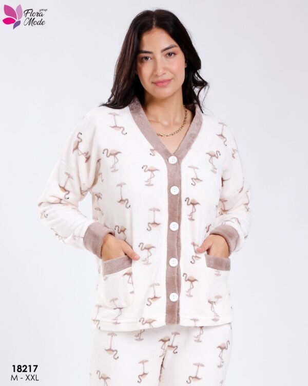 Flora Mode Pyjama polaire boutonné flamants – Réf 18217 – Écru et taupe