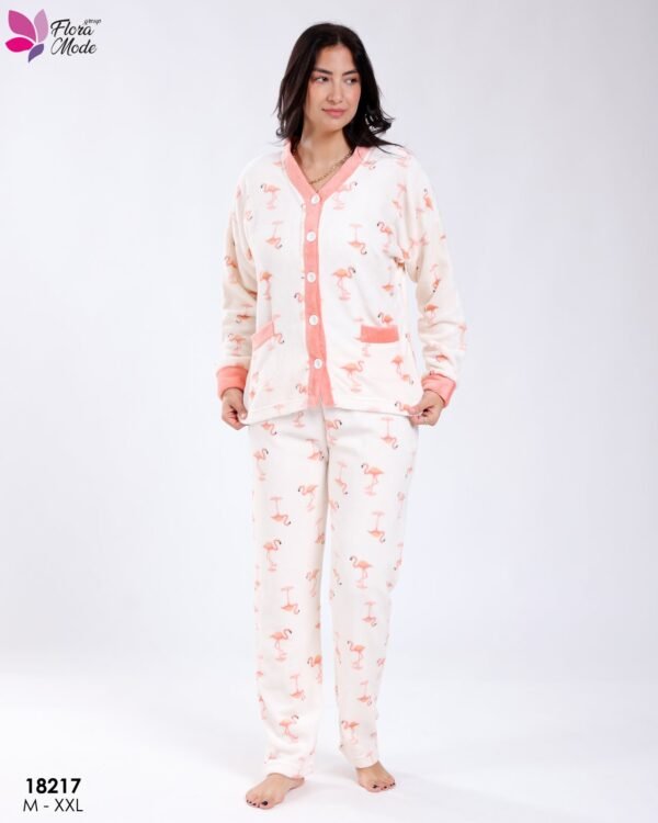 Flora Mode Pyjama polaire boutonné flamants – Réf 18217 – Écru et corail