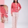 Flora Mode Pyjama volants pantalon imprimé plumes – Réf 18219 – Corail