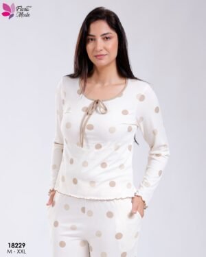Flora Mode Pyjama côtelé à pois – Réf 18229 – Écru et taupe
