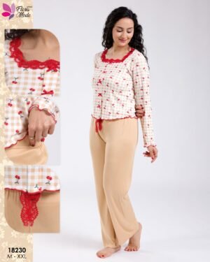 Flora Mode Pyjama vichy cerises dentelle – Réf 18230 – Beige