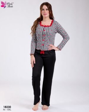 Flora Mode Pyjama vichy cerises dentelle – Réf 18230 – Noir