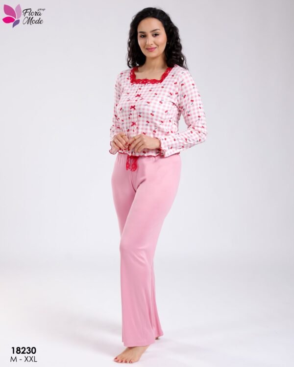 Flora Mode Pyjama vichy cerises dentelle – Réf 18230 – Rose