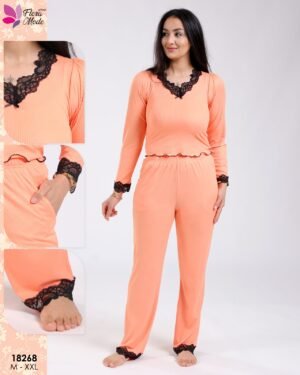 Flora Mode Pyjama côtelé dentelle – Réf 18268 – Pêche