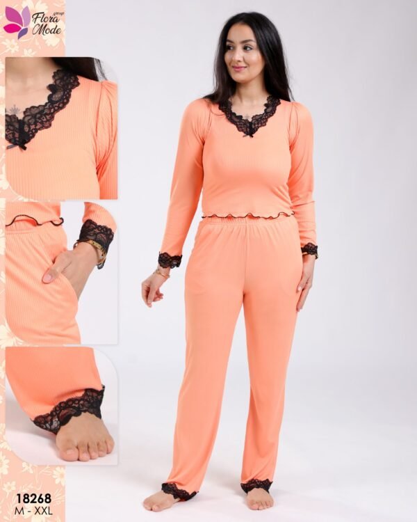 Flora Mode Pyjama côtelé dentelle – Réf 18268 – Pêche
