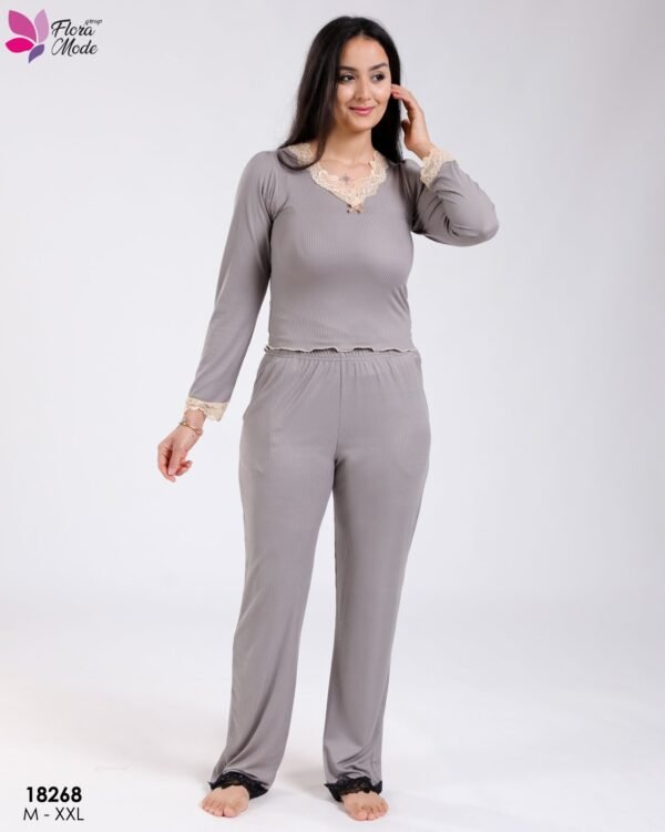 Flora Mode Pyjama côtelé dentelle – Réf 18268 – Gris
