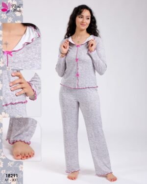 Flora Mode Pyjama chiné col volanté – Réf 18291 – Gris et fuchsia Flora Mode Pyjama chiné col volanté – Réf 18291 – Gris et fuchsia