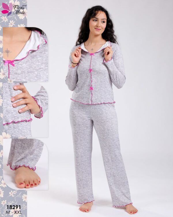 Flora Mode Pyjama chiné col volanté – Réf 18291 – Gris et fuchsia
