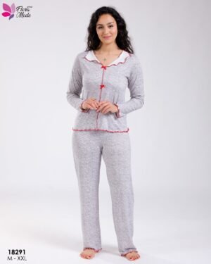 Flora Mode Pyjama chiné col volanté – Réf 18291 – Gris et rouge