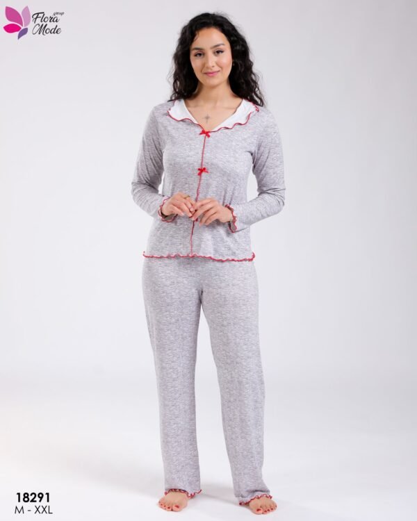 Flora Mode Pyjama chiné col volanté – Réf 18291 – Gris et rouge