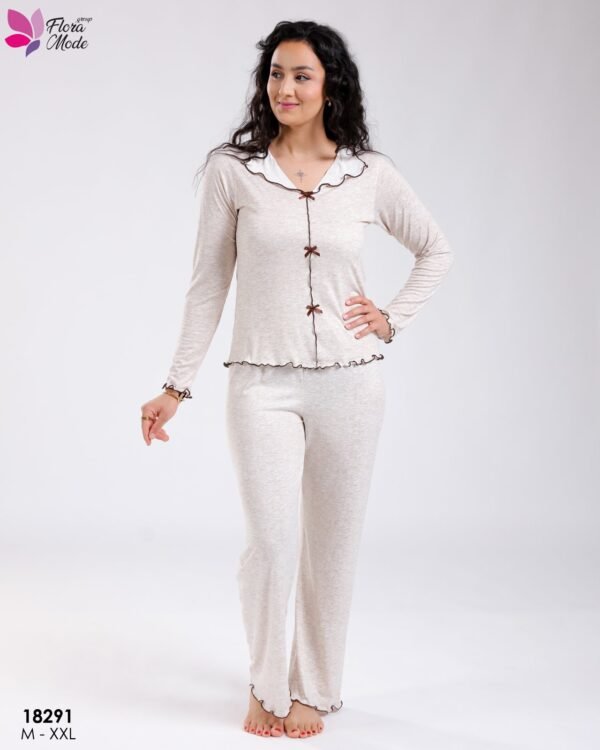 Flora Mode Pyjama chiné col volanté – Réf 18291 – Beige et marron