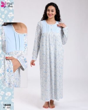 Flora Mode Chemise de nuit longue fleurie – Réf 18448 – Bleu ciel fleuri