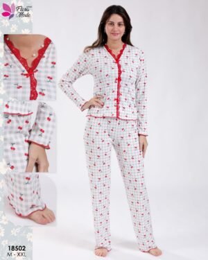 Flora Mode Pyjama vichy cerises dentelle rouge – Réf 18502 – Gris
