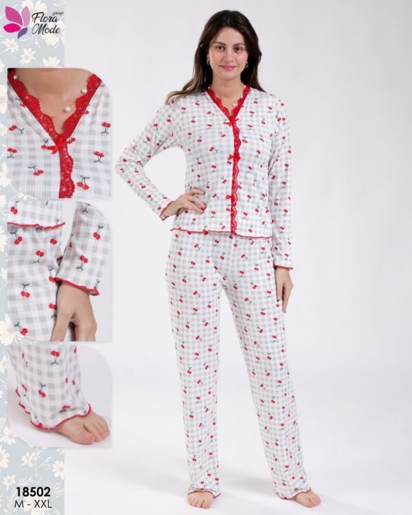 Flora Mode Pyjama vichy cerises dentelle rouge – Réf 18502 – Gris