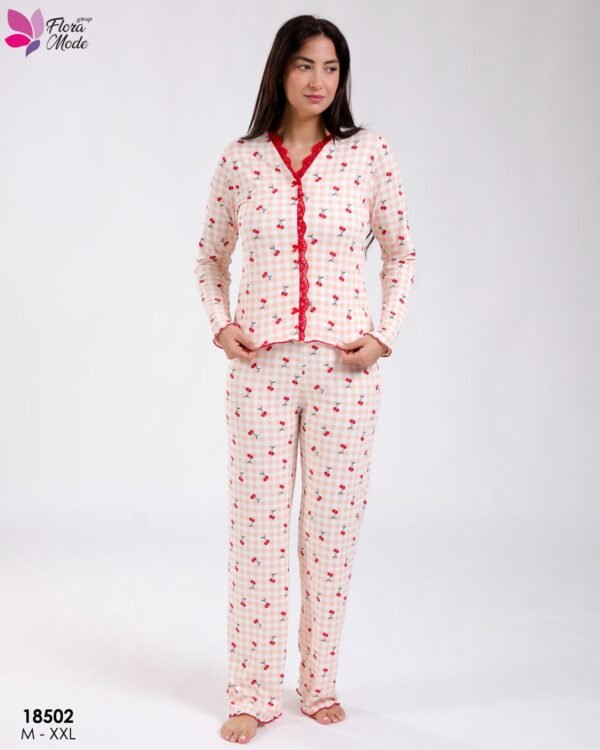 Flora Mode Pyjama vichy cerises dentelle rouge – Réf 18502 – Pêche