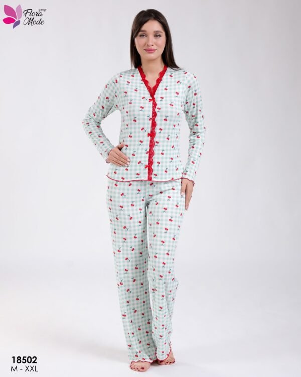 Flora Mode Pyjama vichy cerises dentelle rouge – Réf 18502 – Vert d'eau