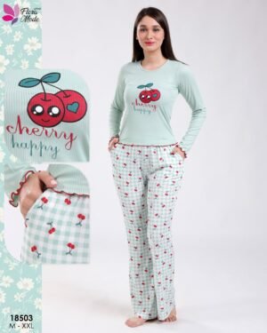 Flora Mode Pyjama haut cerises pantalon vichy – Réf 18503 – Vert d'eau