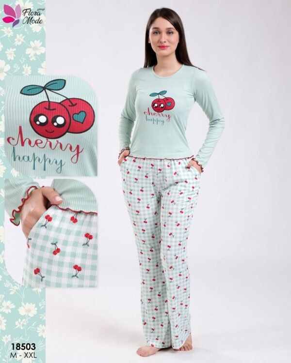 Flora Mode Pyjama haut cerises pantalon vichy – Réf 18503 – Vert d'eau