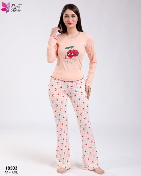 Flora Mode Pyjama haut cerises pantalon vichy – Réf 18503 – Pêche