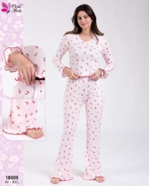 Flora Mode Pyjama côtelé cerises – Réf 18505 – Rose pâle
