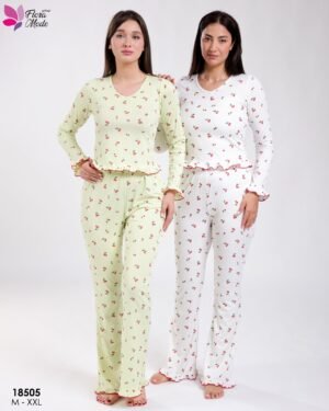 Flora Mode Pyjama côtelé cerises – Réf 18505 – Vert anis et blanc