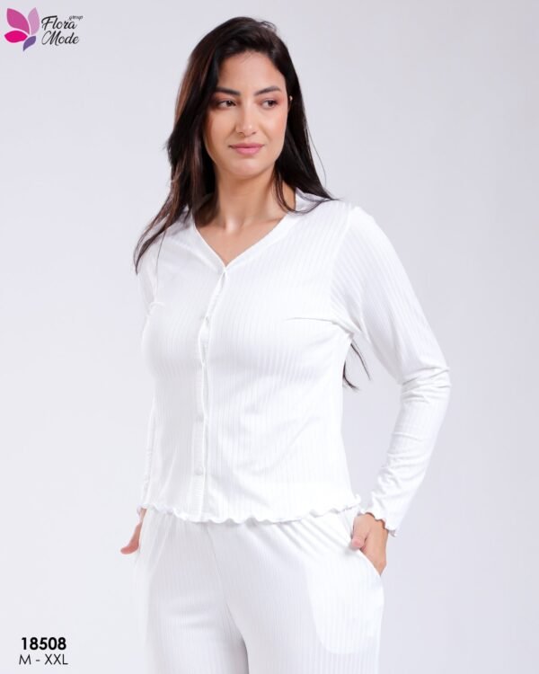 Flora Mode Pyjama côtelé boutonné – Réf 18508 – Blanc