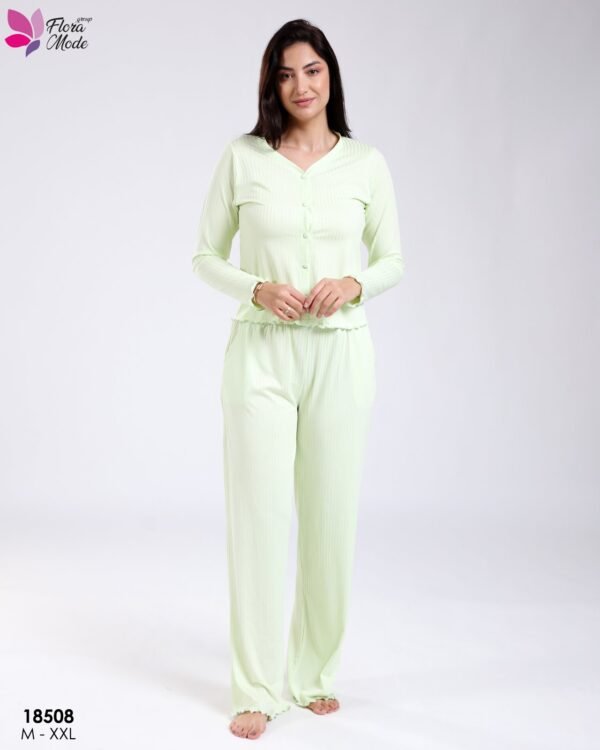 Flora Mode Pyjama côtelé boutonné – Réf 18508 – Vert anis