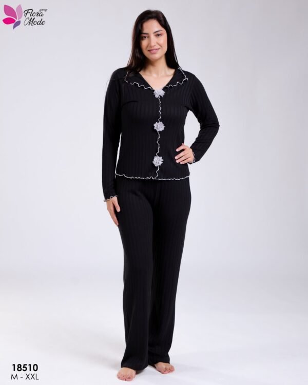 Flora Mode Pyjama côtelé fleurs 3D – Réf 18510 – Noir