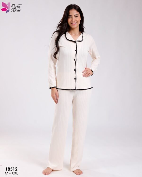 Flora Mode Pyjama côtelé galon – Réf 18512 – Écru
