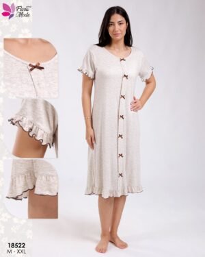 Flora Mode Robe d'intérieur courte boutonnée nœuds – Réf 18522 – Beige chiné