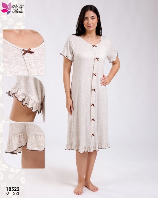 Flora Mode Robe d'intérieur courte boutonnée nœuds – Réf 18522 – Beige chiné