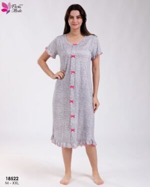 Flora Mode Robe d'intérieur courte boutonnée nœuds – Réf 18522 – Gris chiné