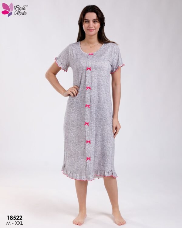 Flora Mode Robe d'intérieur courte boutonnée nœuds – Réf 18522 – Gris chiné