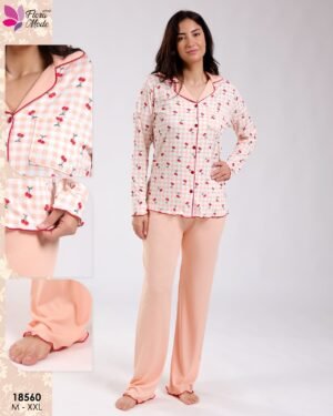 Flora Mode Pyjama chemise vichy cerises – Réf 18560 – Pêche
