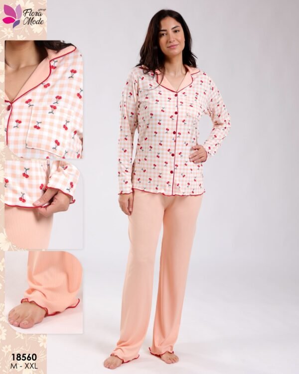 Flora Mode Pyjama chemise vichy cerises – Réf 18560 – Pêche