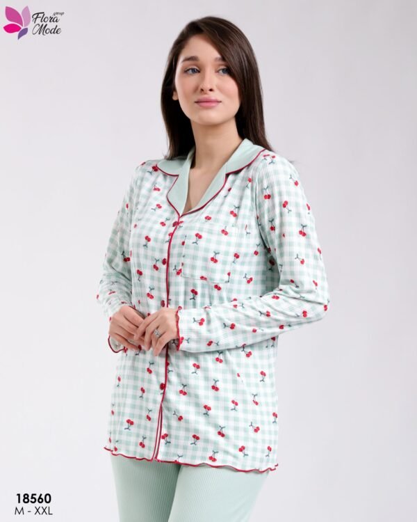 Flora Mode Pyjama chemise vichy cerises – Réf 18560 – Vert d'eau