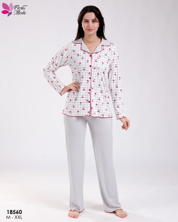 Flora Mode Pyjama chemise vichy cerises – Réf 18560 – Gris