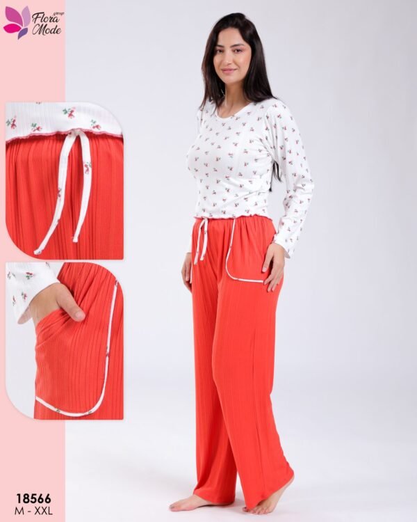 Flora Mode Pyjama haut fleuri pantalon uni – Réf 18566 – Rouge