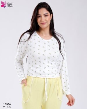 Flora Mode Pyjama haut fleuri pantalon uni – Réf 18566 – Jaune pâle