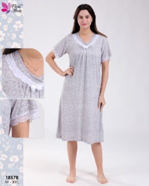 Flora Mode Robe d'intérieur courte col V dentelle – Réf 18578 – Gris chiné