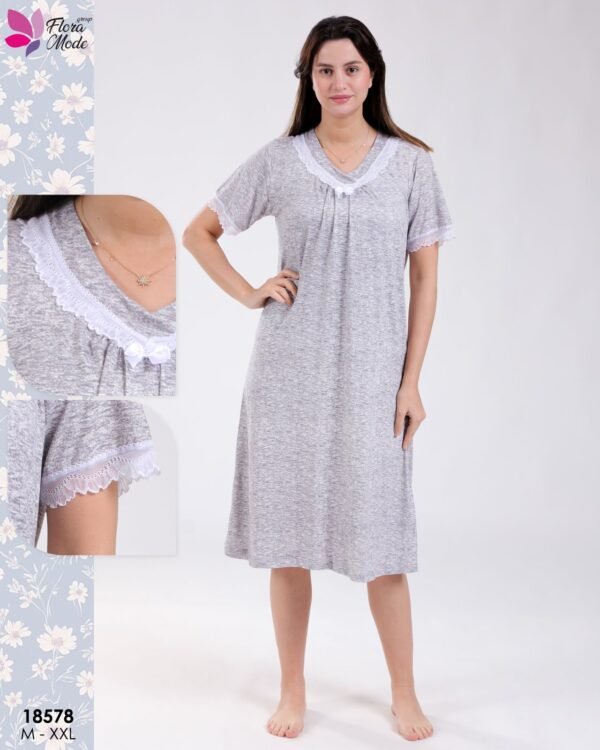Flora Mode Robe d'intérieur courte col V dentelle – Réf 18578 – Gris chiné