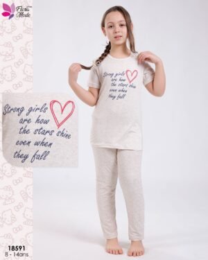 Flora Mode Pyjama fille imprimé cœur – Réf 18591 – Beige chiné