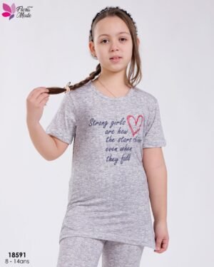 Flora Mode Pyjama fille imprimé cœur – Réf 18591 – Gris chiné