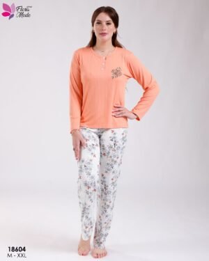 Flora Mode Pyjama haut uni pantalon fleuri – Réf 18604 – Orange