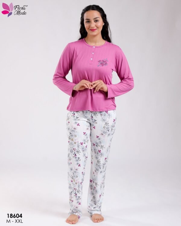 Flora Mode Pyjama haut uni pantalon fleuri – Réf 18604 – Mauve