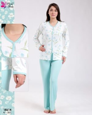 Flora Mode Pyjama boutonné imprimé tulipes – Réf 18614 – Blanc et bleu ciel
