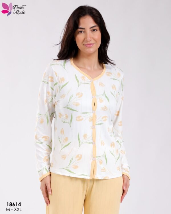 Flora Mode Pyjama boutonné imprimé tulipes – Réf 18614 – Blanc et jaune