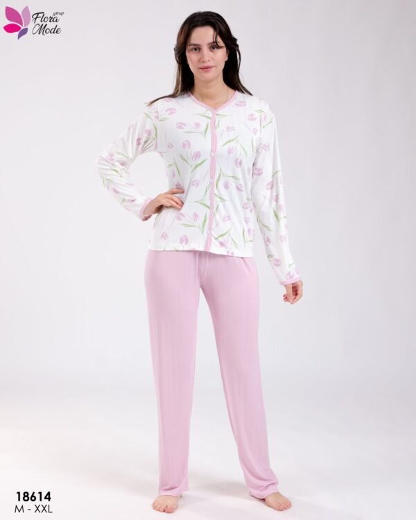 Flora Mode Pyjama boutonné imprimé tulipes – Réf 18614 – Blanc et rose