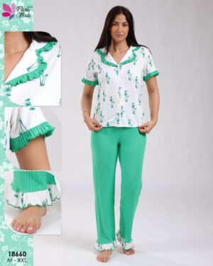 Flora Mode Pyjama chemise imprimé et pantalon côtelé – Réf 18660 – Vert