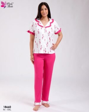 Flora Mode Pyjama chemise imprimé et pantalon côtelé – Réf 18660 – Fuchsia
